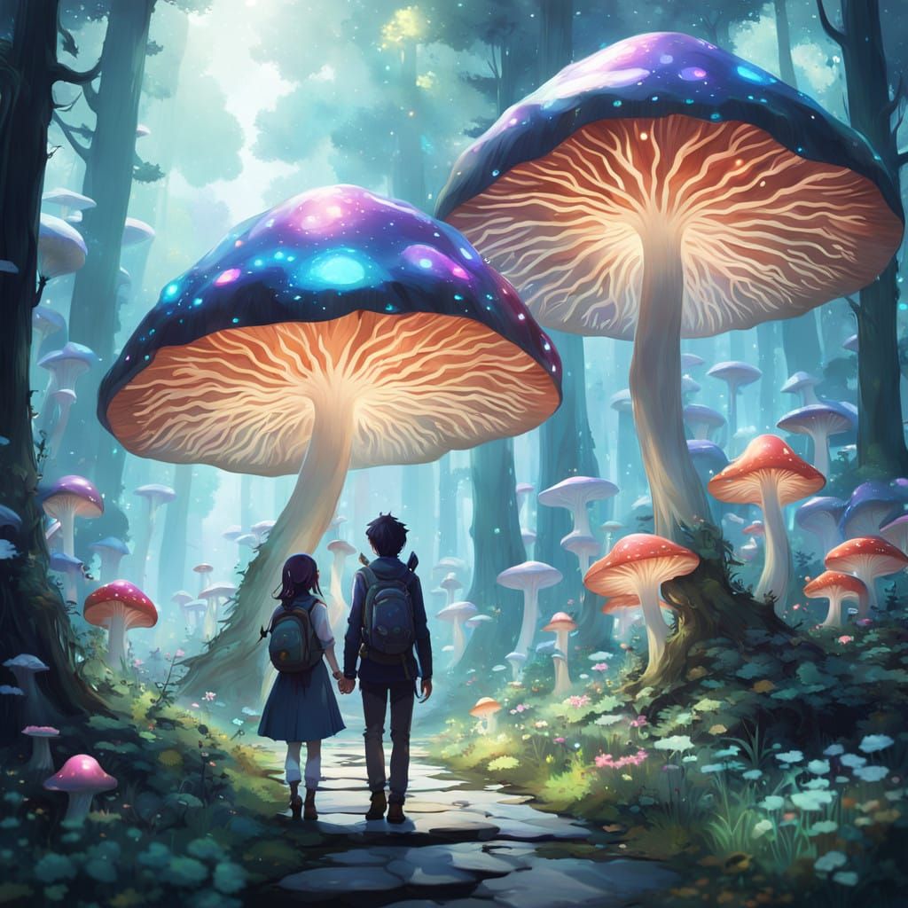 Whimsical Couple Amidst Glowing Mushrooms in Vibrant Anime S...