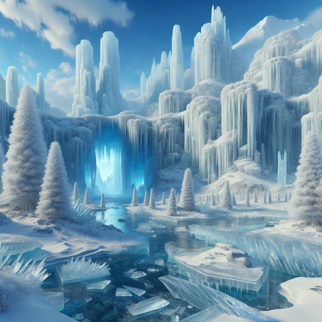 Frosty Tundra with Ice Sculptures and Blue River