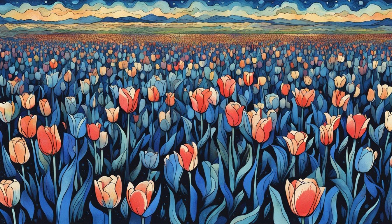 Blue Tulips Field Under Night Sky Poster