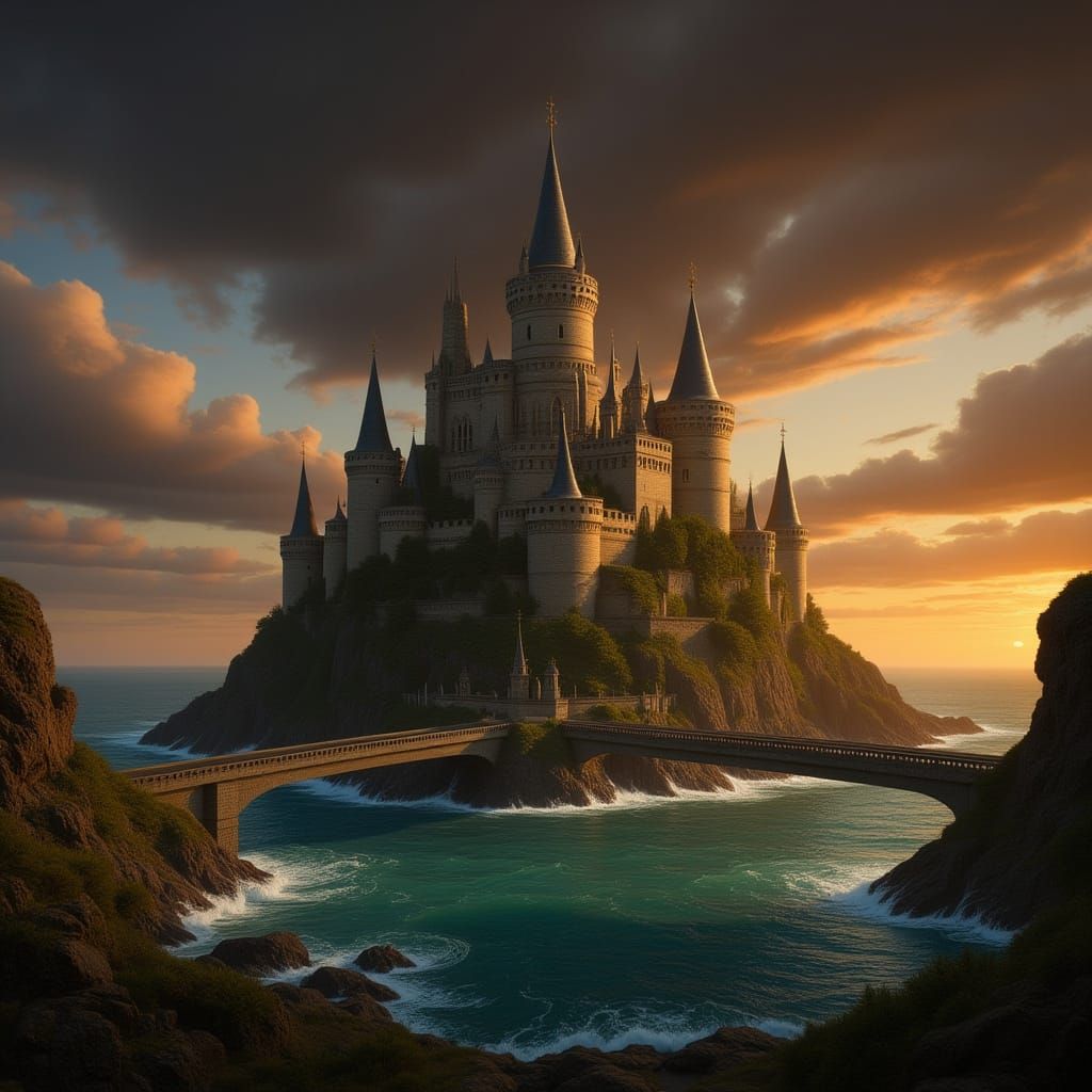 Ancient Castle on Rocky Island at Sunset in Epic Style