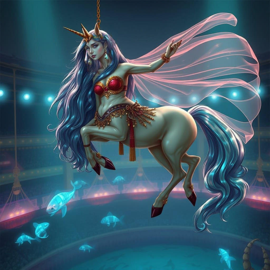 Surrealist Centaur Dancer in Underwater Circus with Biolumin...