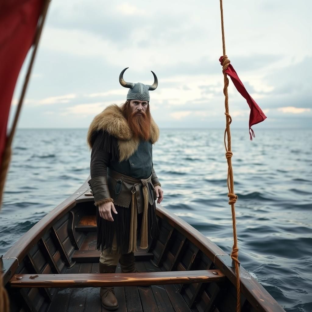 Viking in Wooden Boat on Open Sea