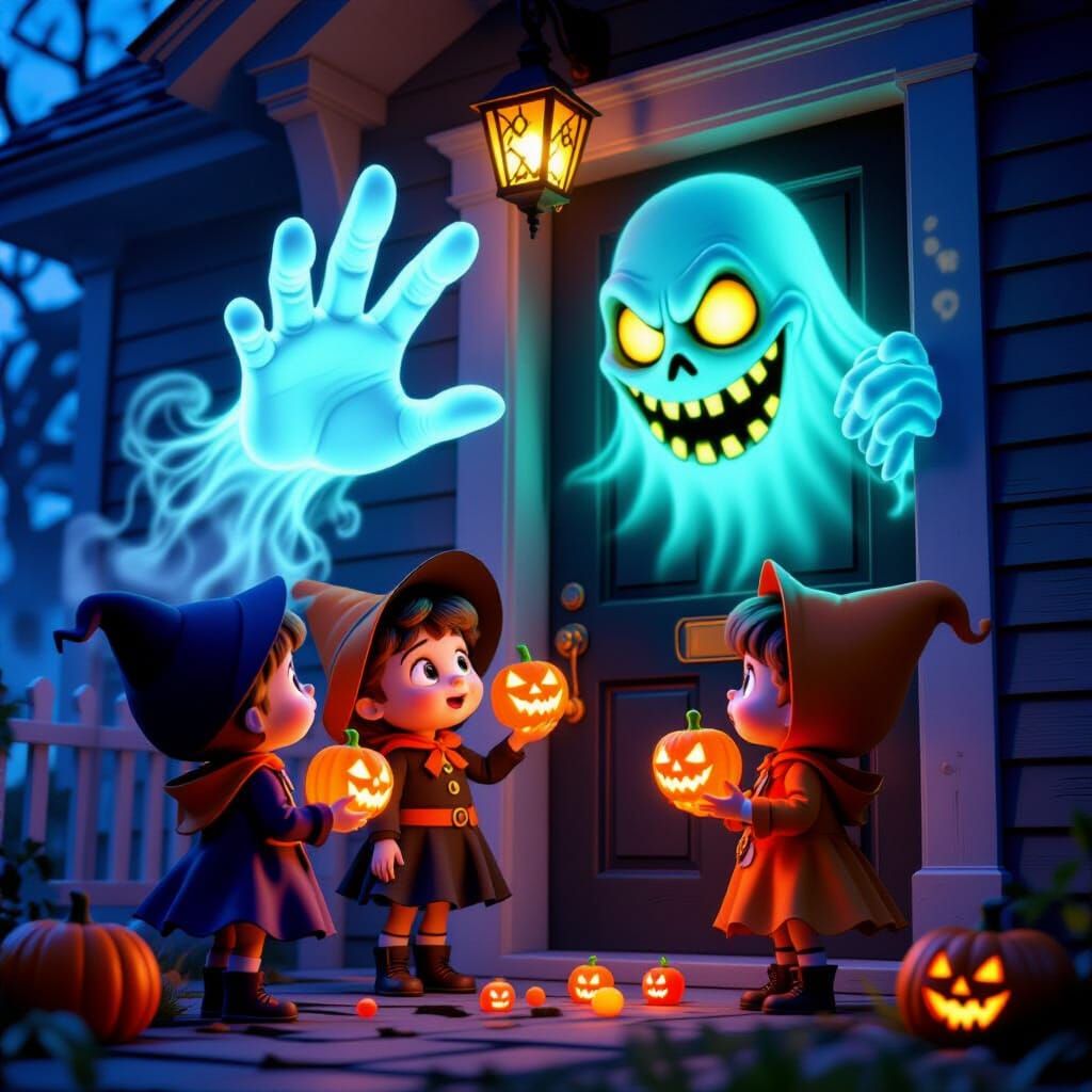 Children in Costumes Receive Glowing Candy from Ghost Hand