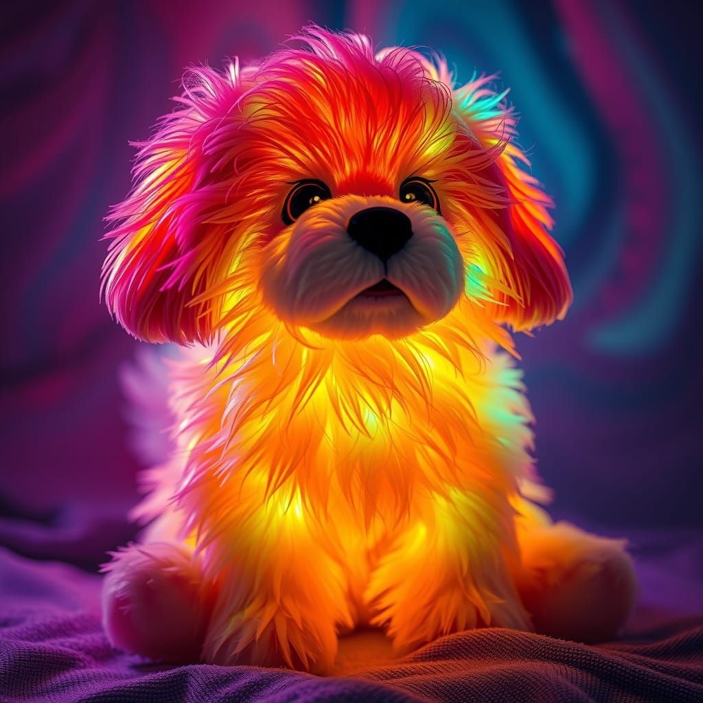 Neon Aurora Stuffed Dog in Cyberpunk Style