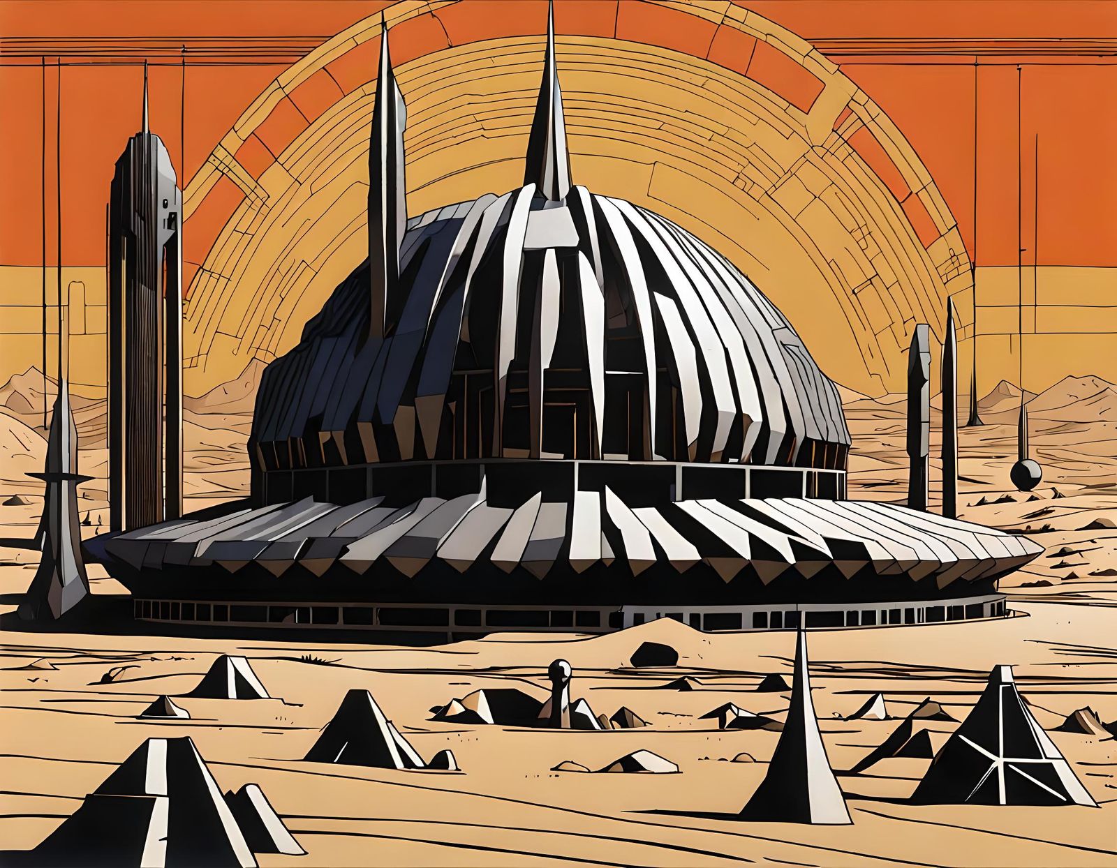 Futuristic Metal Constructivist Dome in Sci-Fi Style