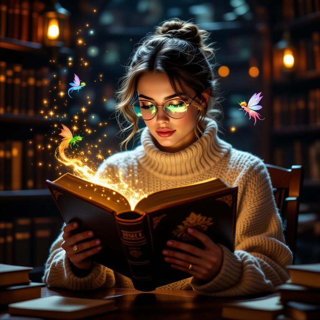 Enchanting Woman Reading Magic Book in Library