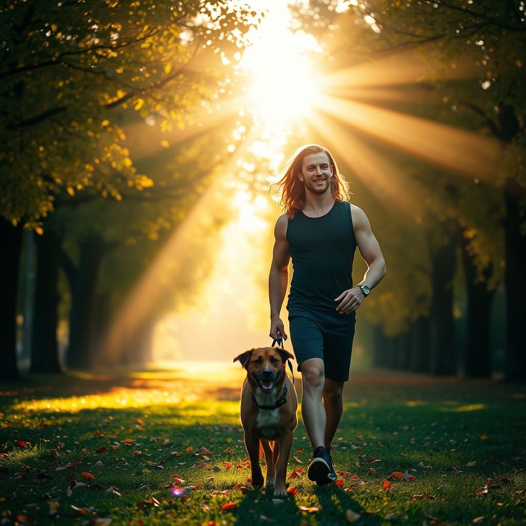 Man and Dog in Autumn Park with Golden Sunbeams