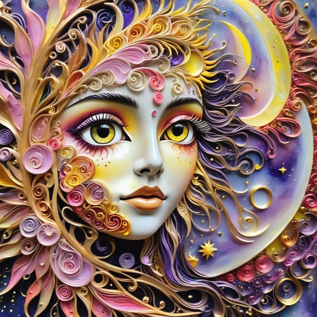 Intricate Sun and Moon with Sparkling Eyes