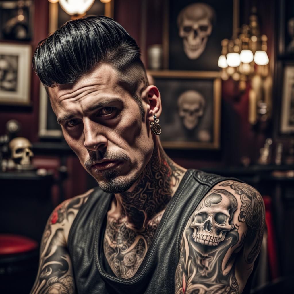 Rockabilly Man with Skull Tattoos in HDR
