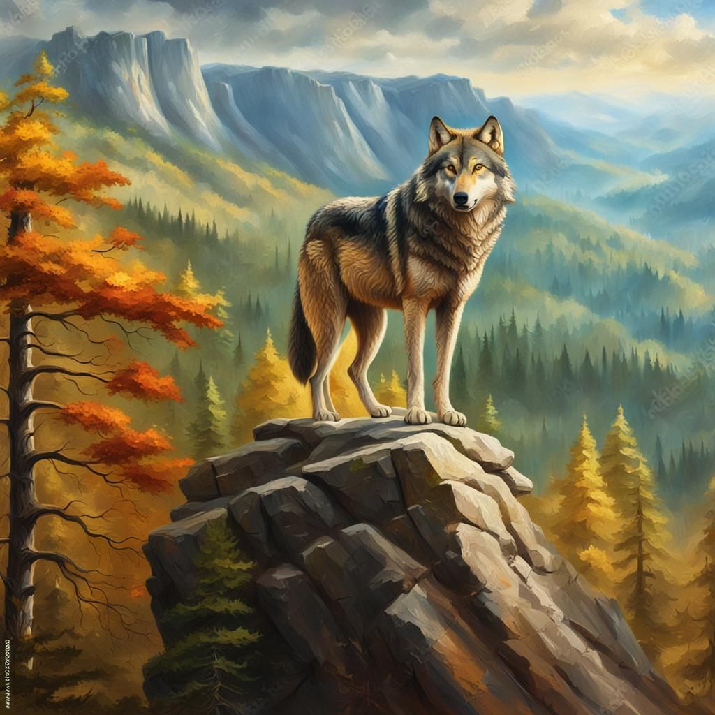 Wolf Portrait on Cliff in Bierstadt Style