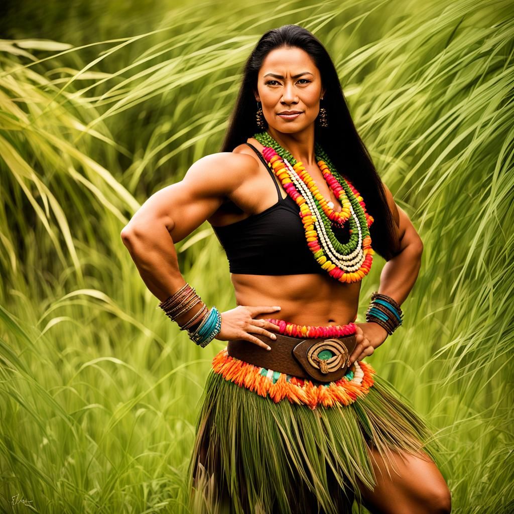 Muscular Polynesian Hula Dancer in Vibrant Photo