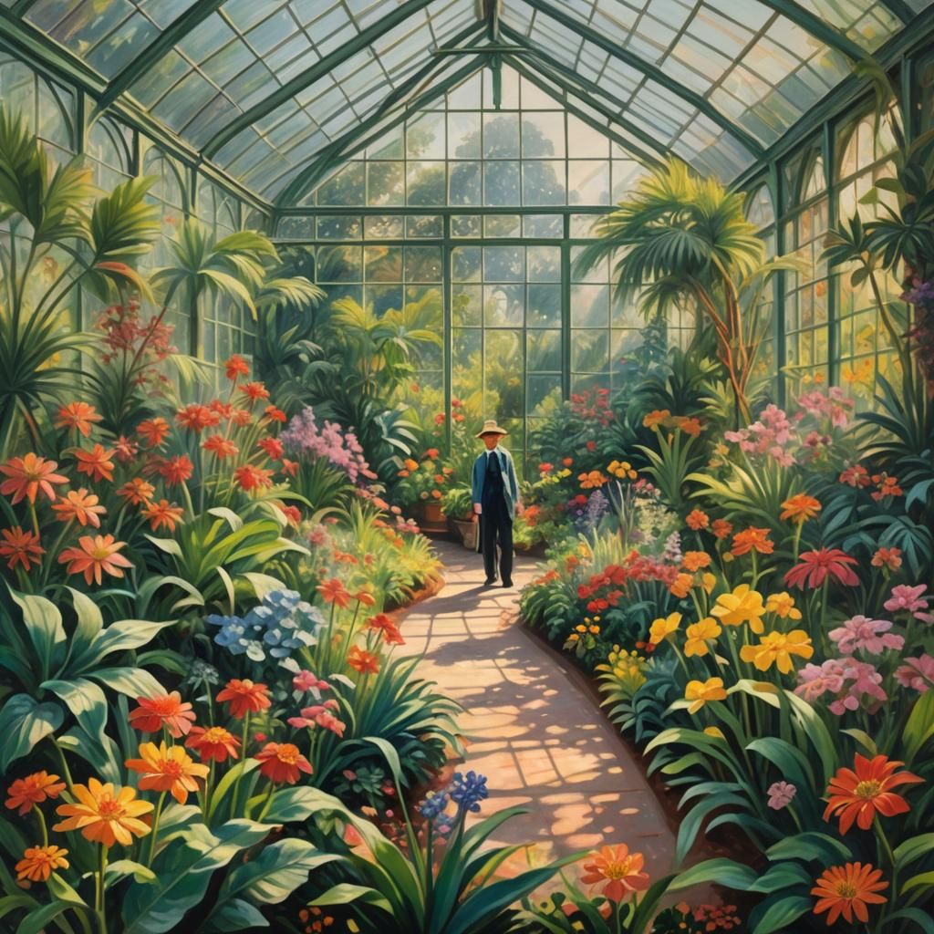 Luminous Impressionist Greenhouse Painting with Flowers