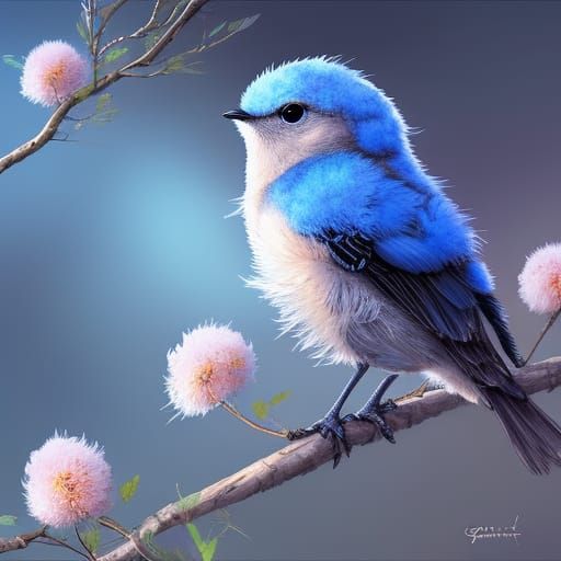 Cute Baby Bluebird Portrait in Anime Art Style