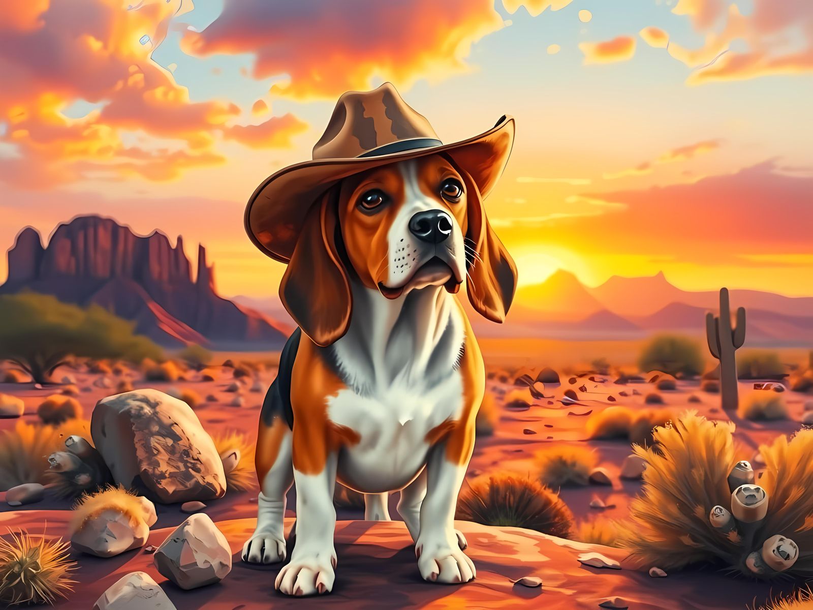 Beagle Cowboy in Arizona Desert Sunset