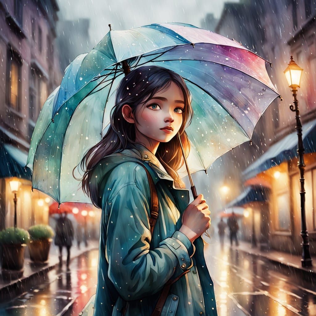 Girl with Glowing Magical Umbrella in Rainy City
