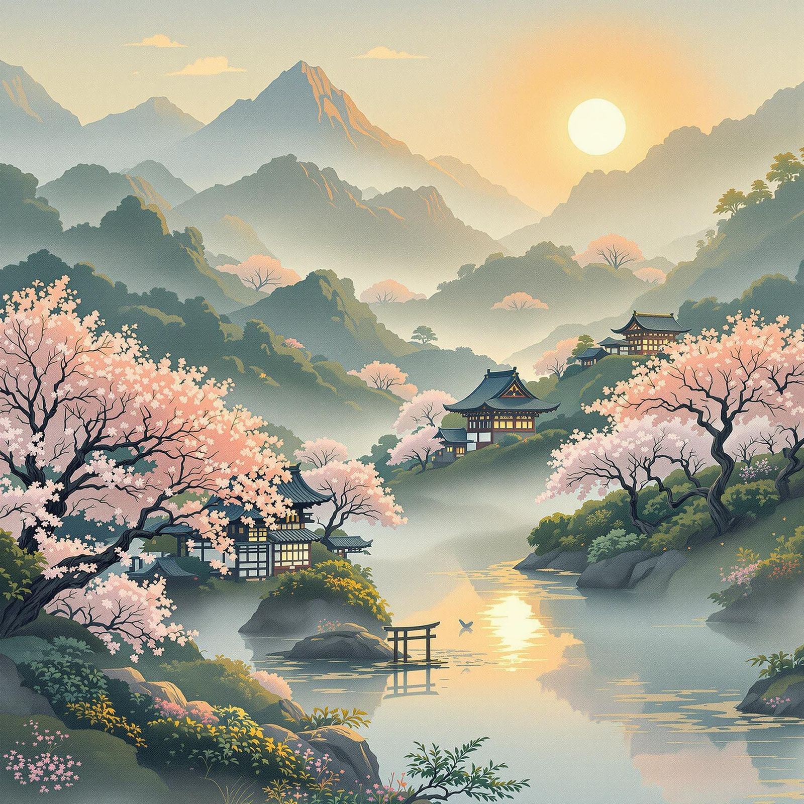 Japanese Landscape at Dawn in Ukiyo-e Style