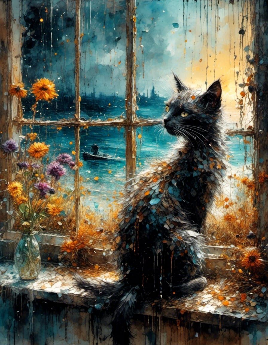 Cat Gazing at Beach Scene in Impasto Oil Style