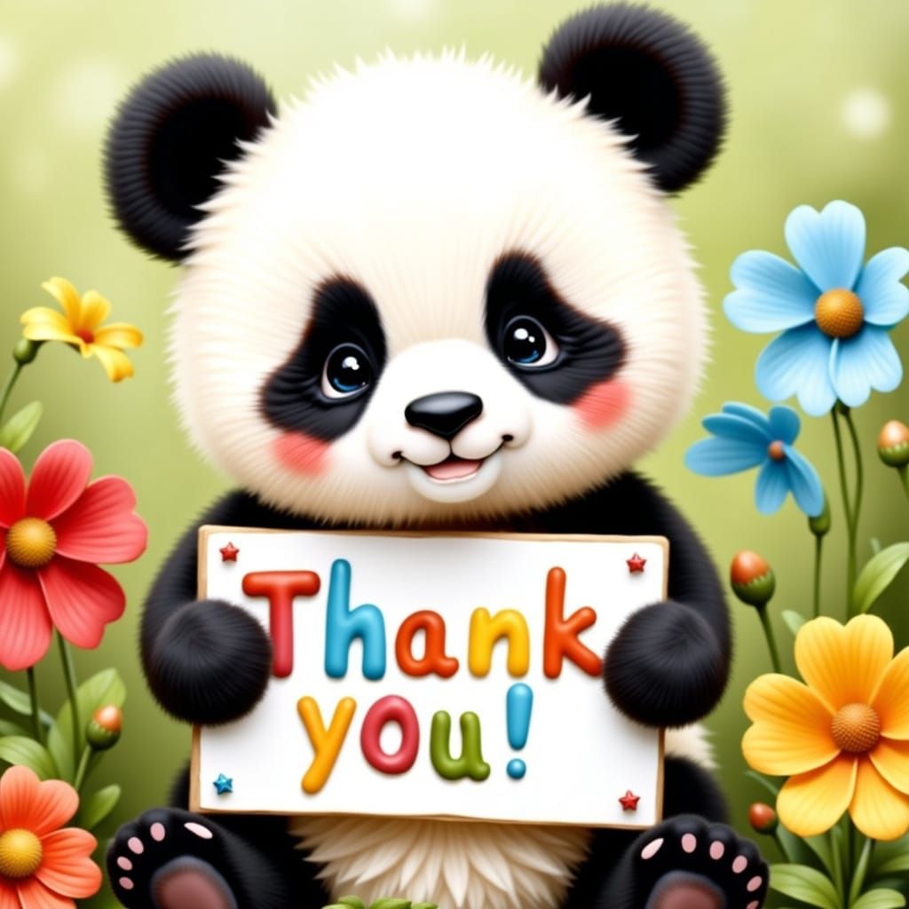 Whimsical Panda Cub Thanks You in a Handmade Sign