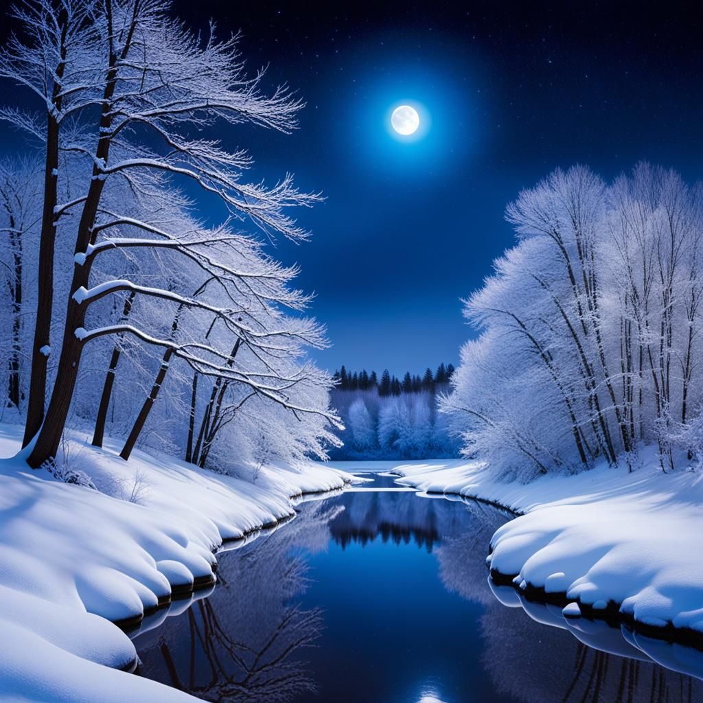 Moonlit Winter Riverscape at Night