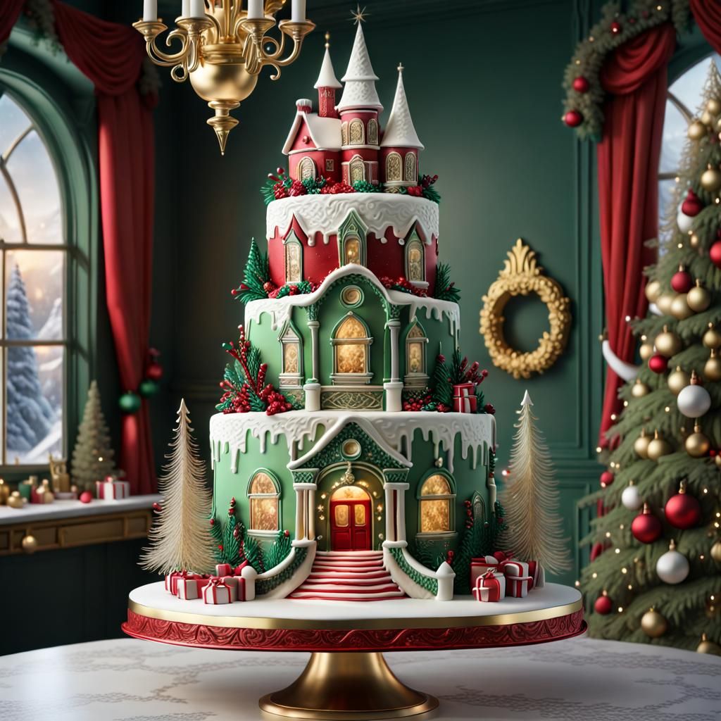 Elaborate Christmas Scene Cake: Ultra Realistic Digital Art