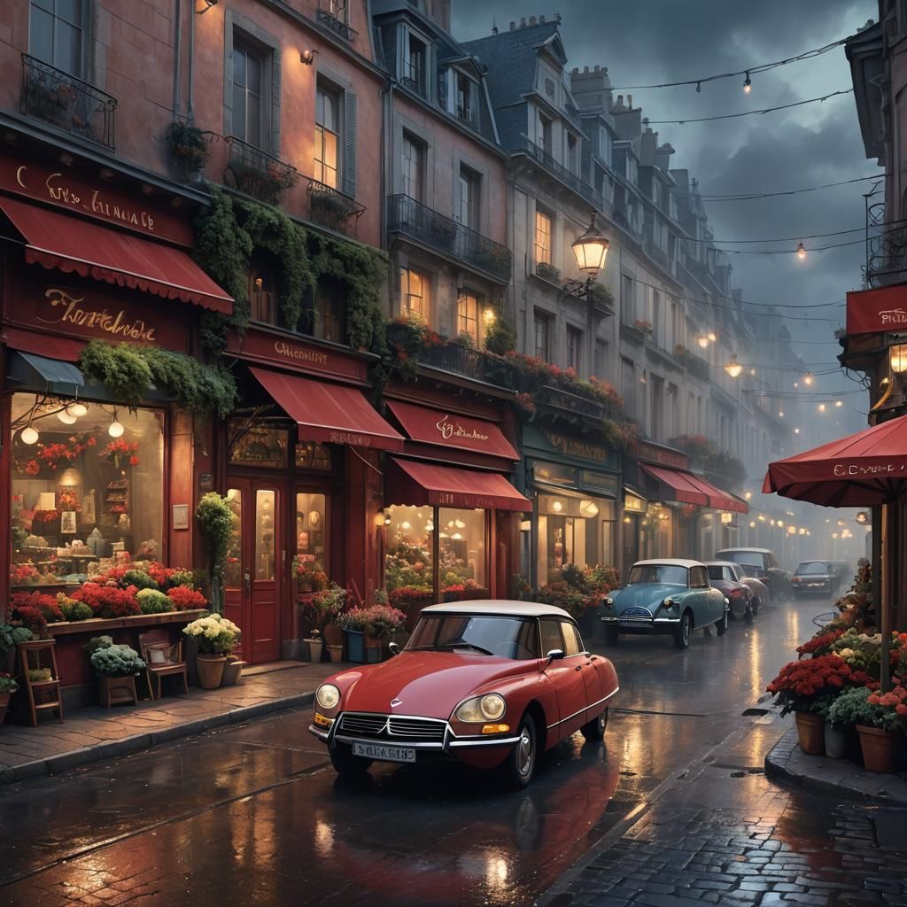 Red Citroen DS at French Flower Shop