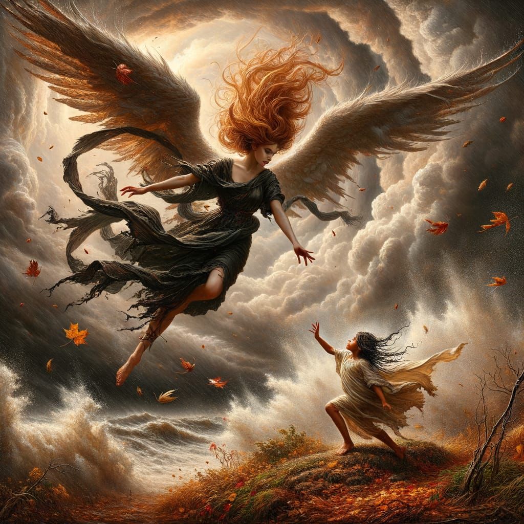 Angel Descends in Autumn Tempest to Save Girl