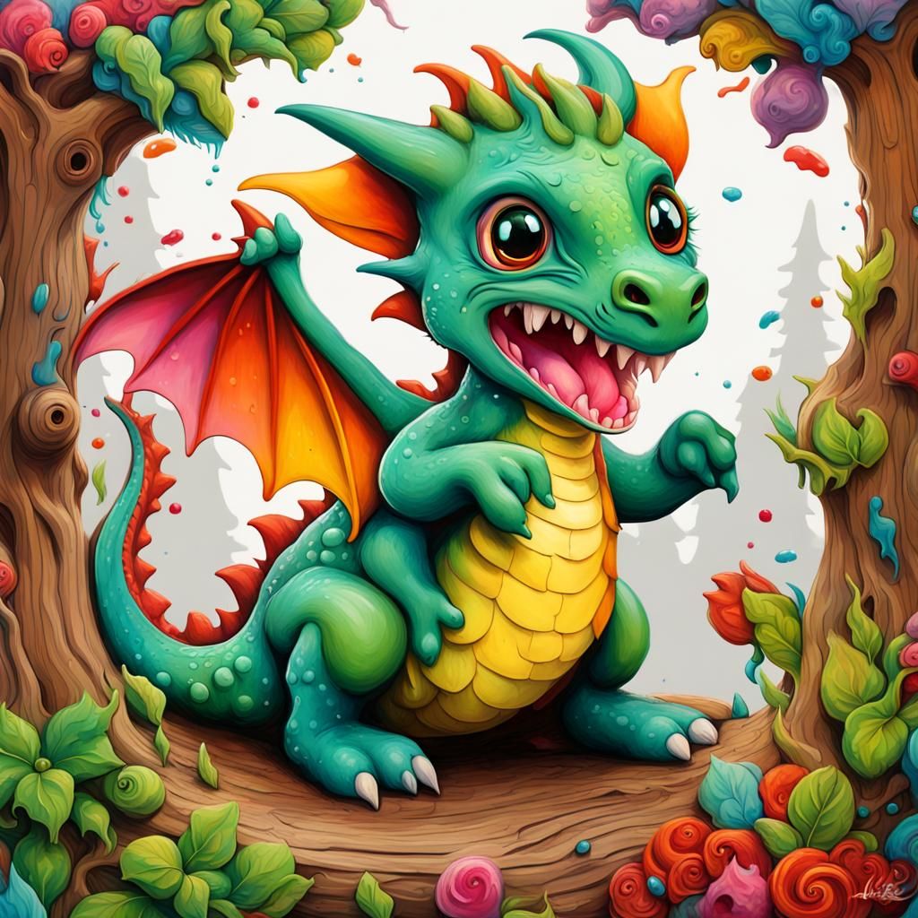 Playful Baby Dragons on Wooden Canvas in Storybook Style