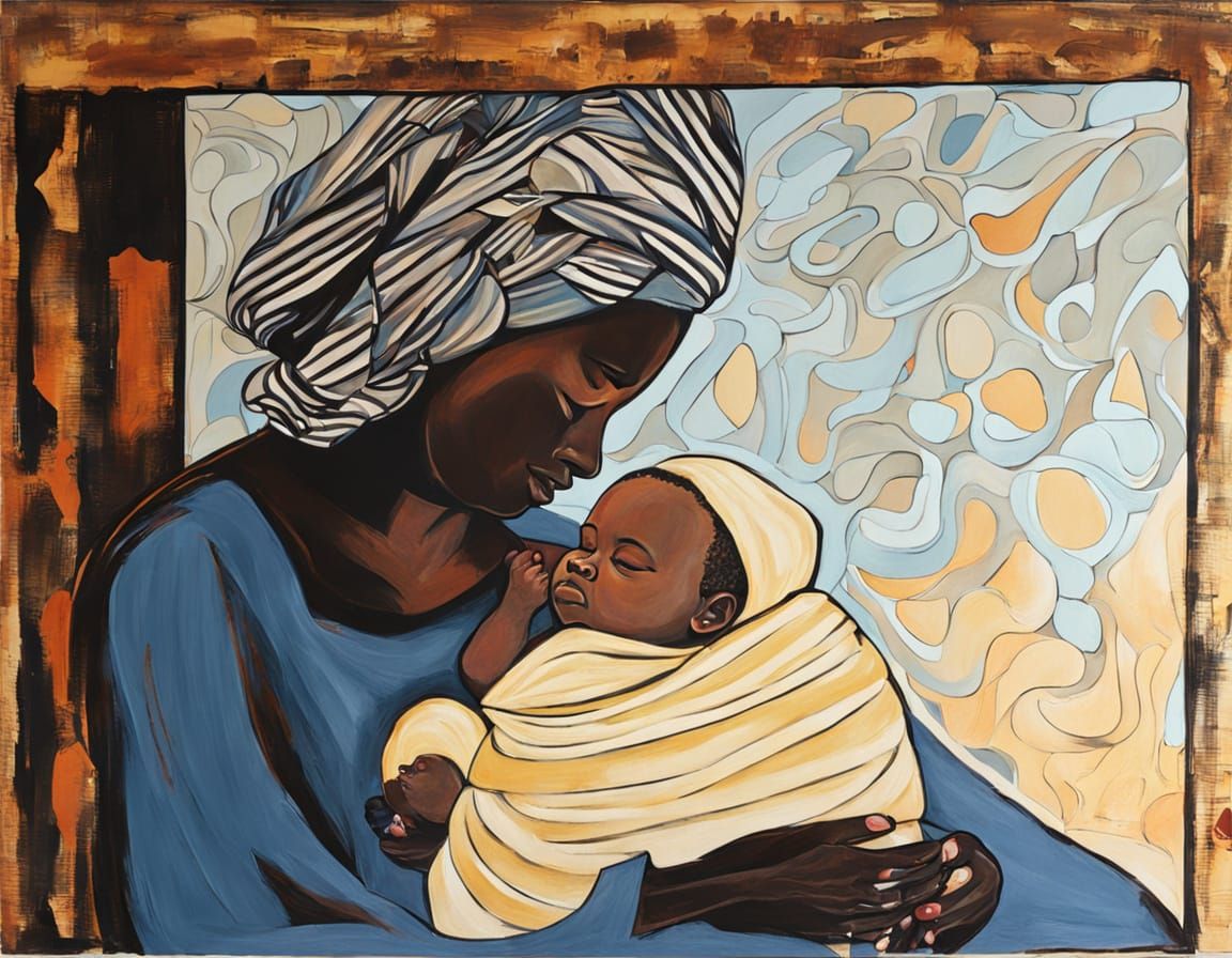 Abstract Painting: African American Mother with Infant