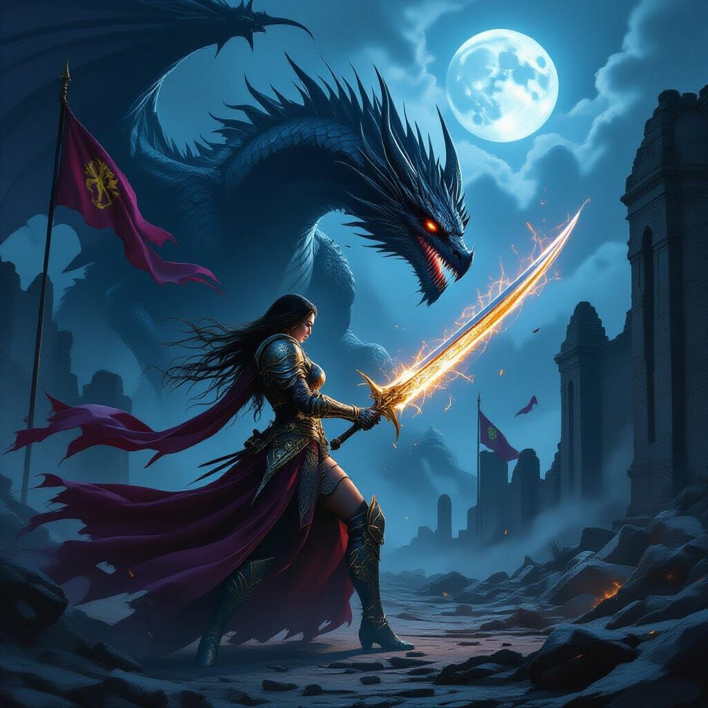Warrior Woman Battles Shadow Dragon in Gothic Armor