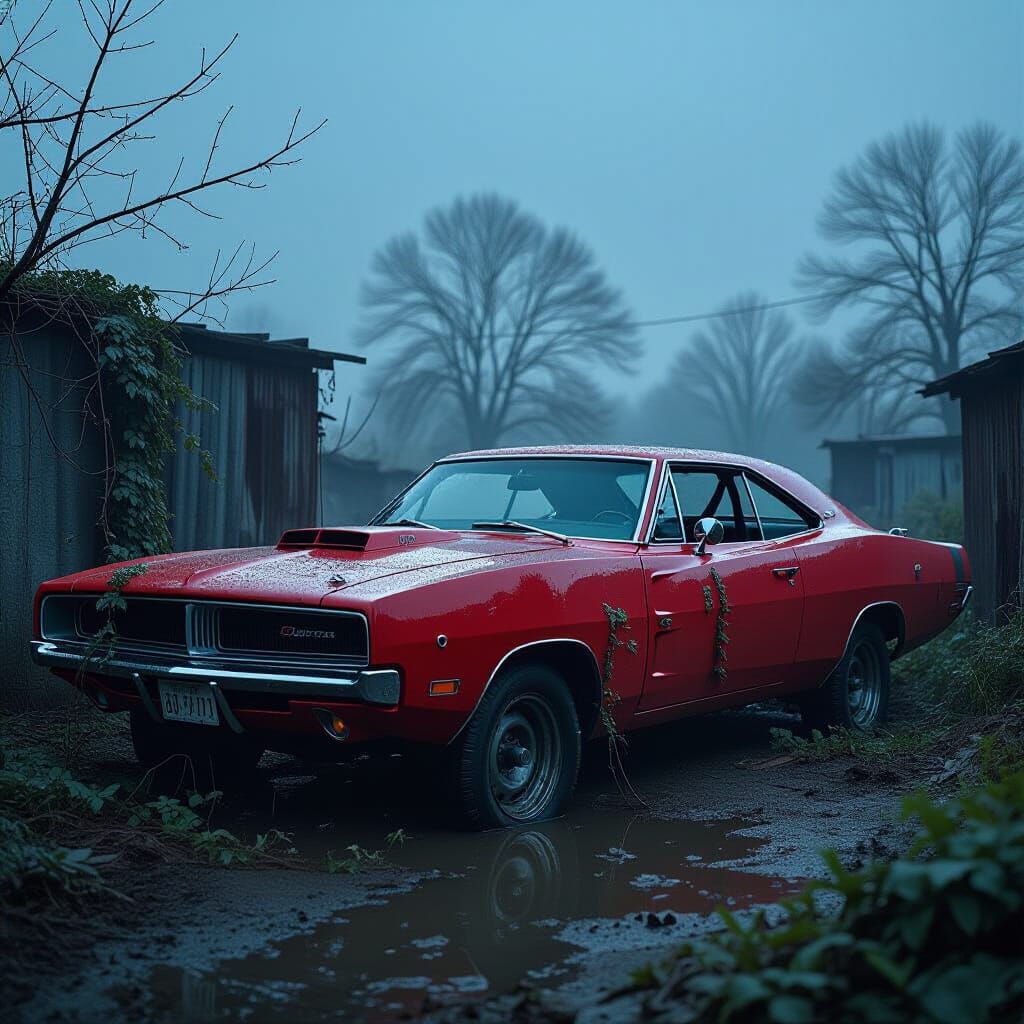 Abandoned 1969 Dodge Charger in Misty Junkyard