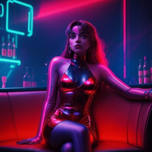 Woman in Red Silk in Smoky Neon Club