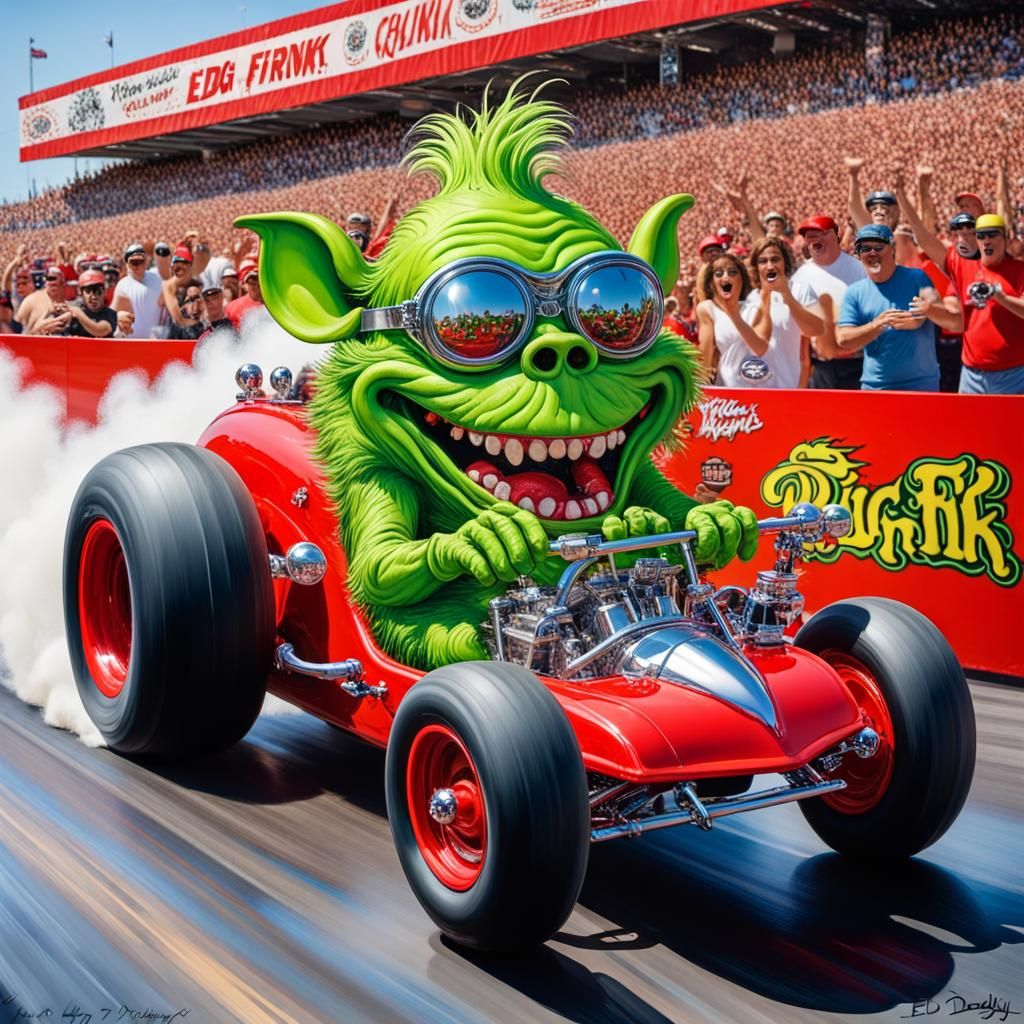 Green Monster Wins Drag Race in Rat Fink Art Style