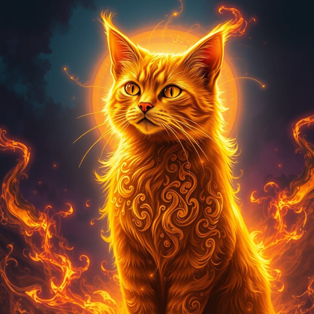 Golden Cat Shrouded in Fiery, Molten Aura