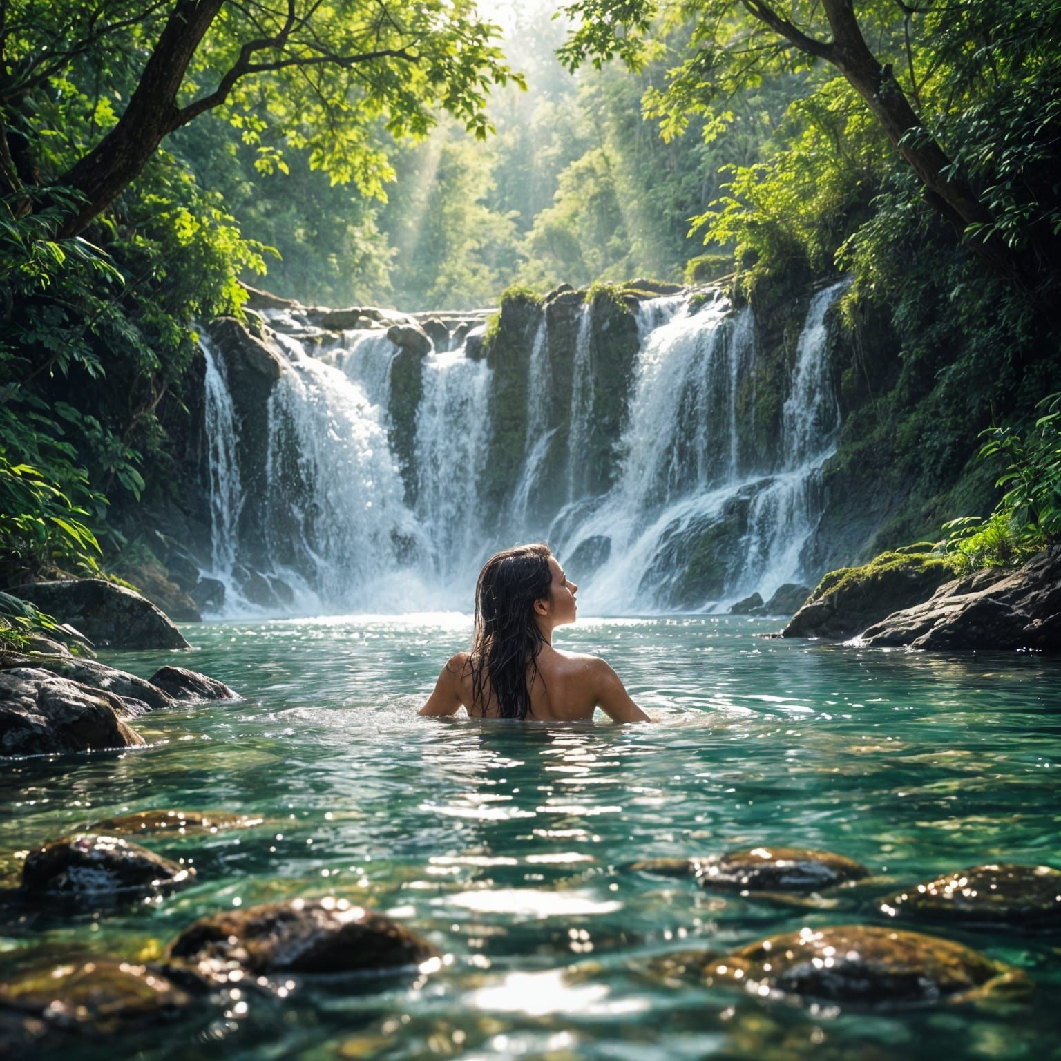 Woman Bathes in Crystal Creek Under Waterfall