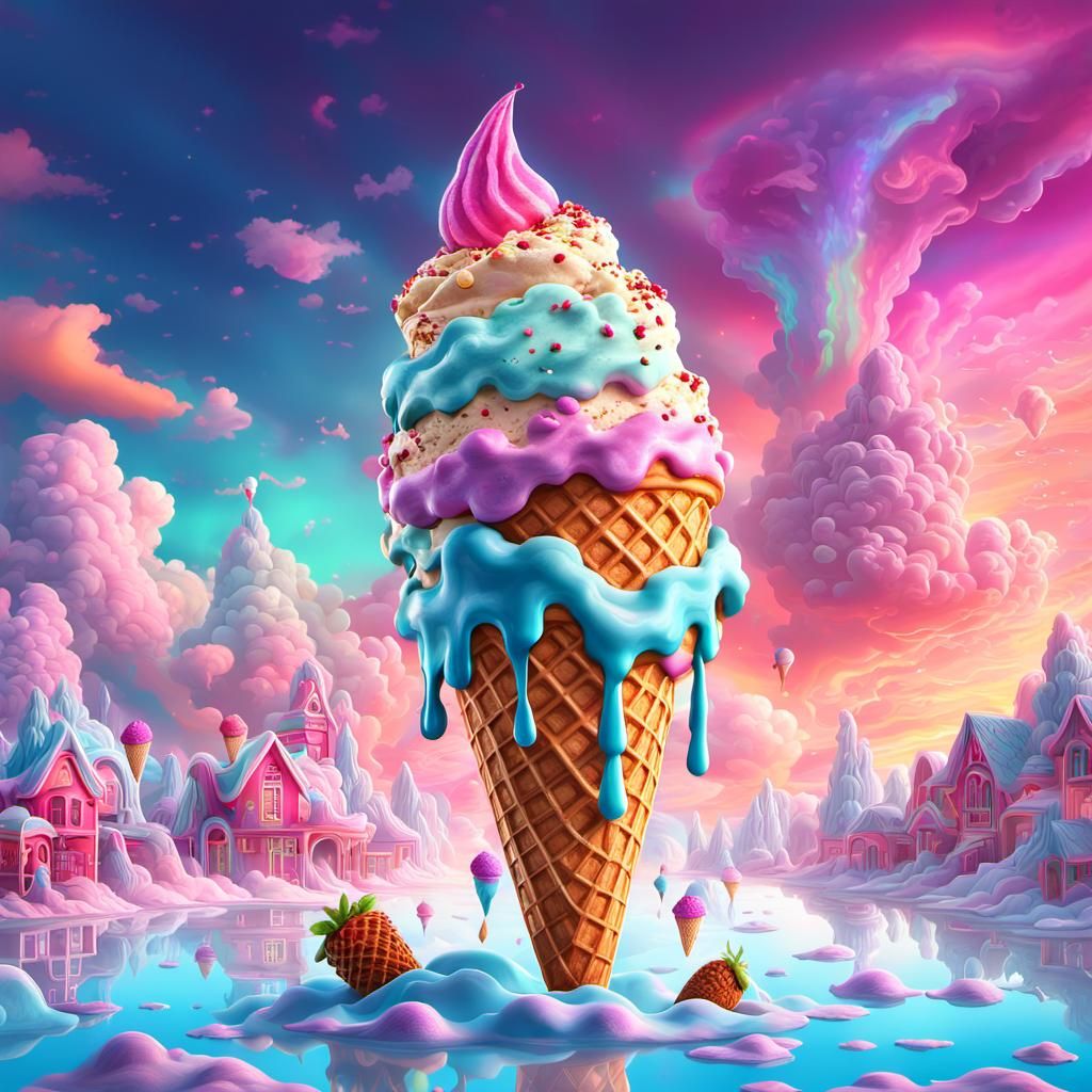 Neon Ice Cream Cone in Dreamy Pastel Sky