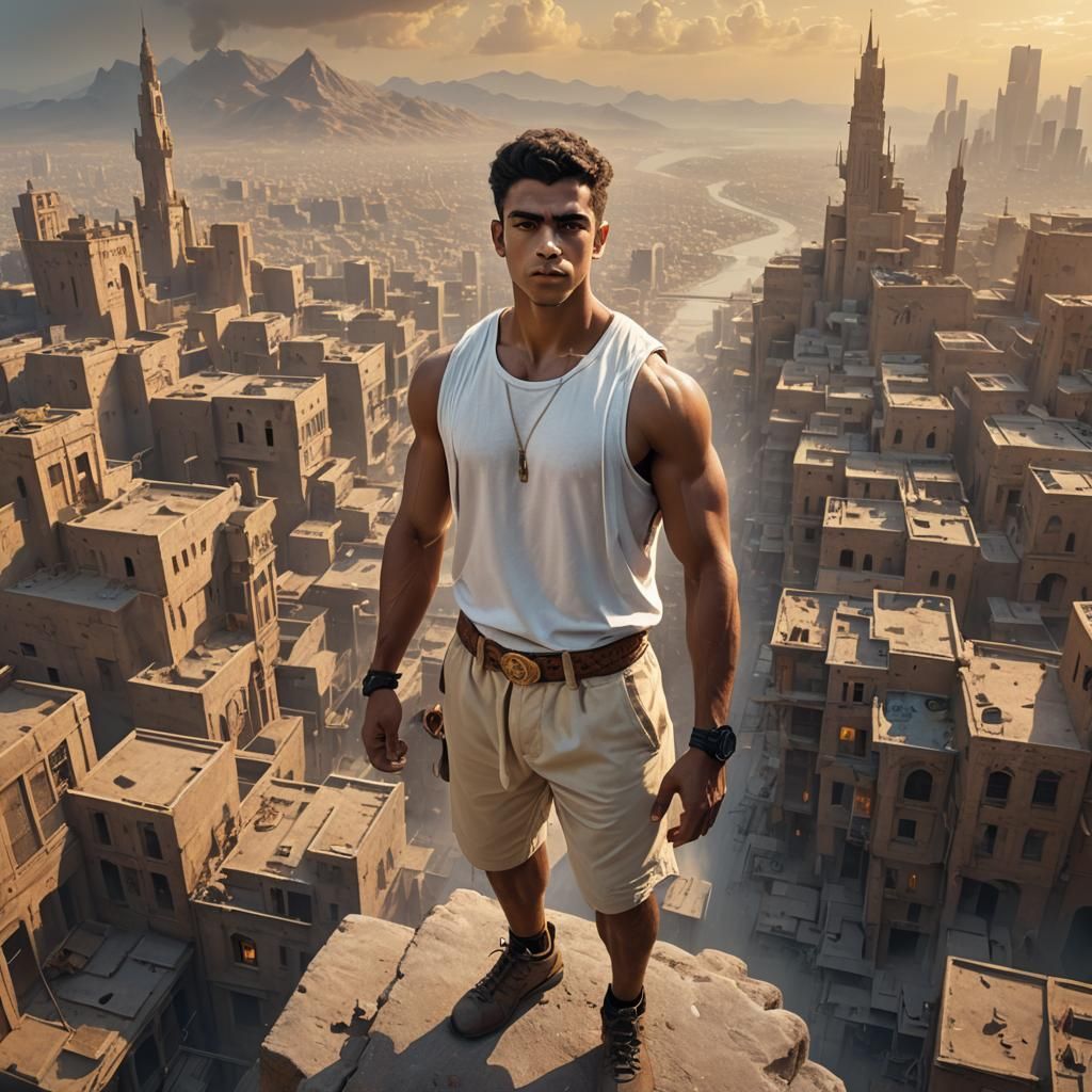Arabic Bodybuilder in Mystical Cityscape, Fantasy Concept Ar...