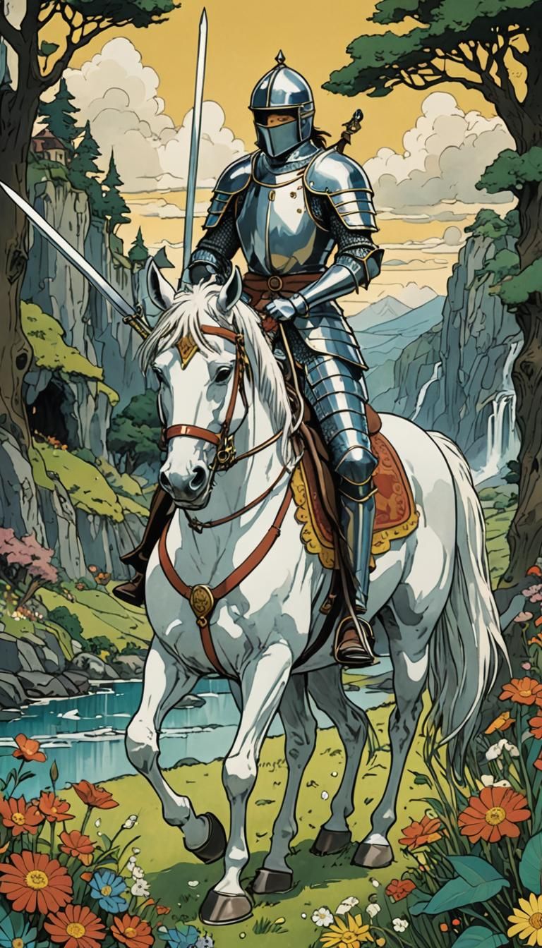 Knight of Swords Tarot Card in Ghibli Style