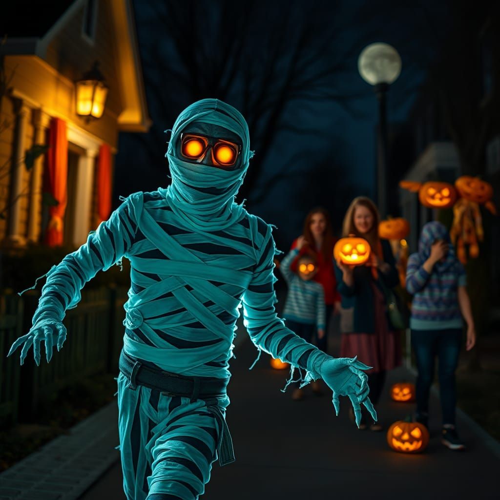 Mummy Trick-or-Treating on Halloween Night