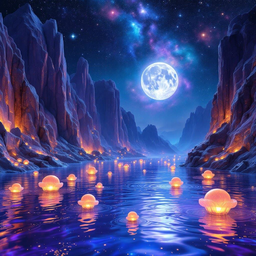 Ethereal Cosmic Landscape with Iridescent Ocean and Twin Moo...