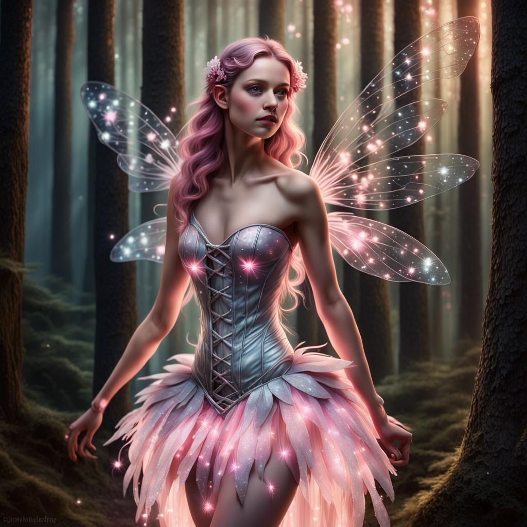 Fantasy Fairy in Forest with Fireflies