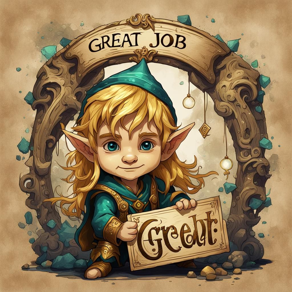 Baby Elf Boy Holding Sign: Ink Drawing