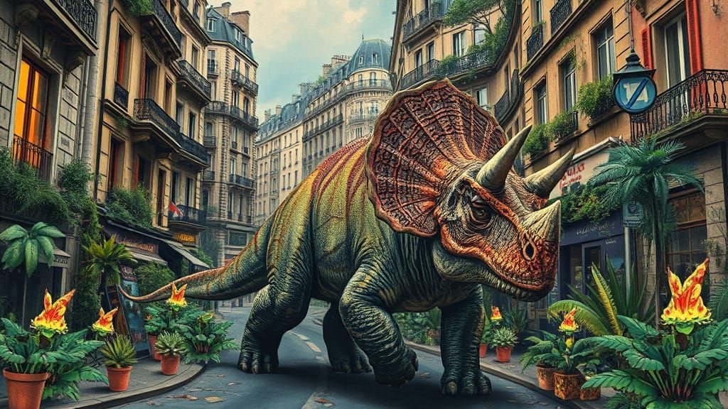 Triceratops in Post-Apocalyptic Paris Collage