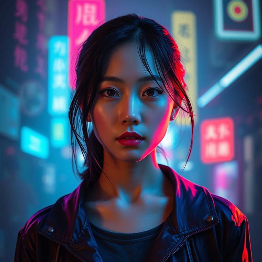 Asian Girl Portrait in Cyberpunk 2099 Style