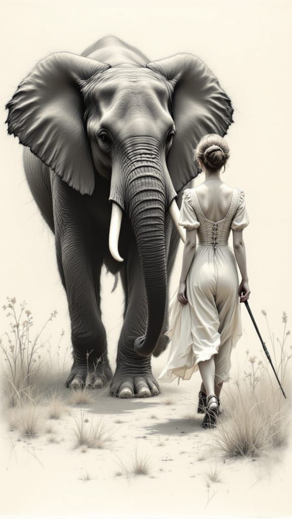 Elegant Victorian Couple Meets Majestic Elephant in Steampun...