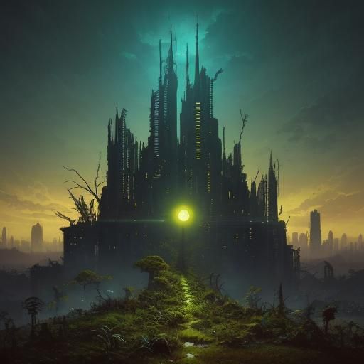 Insectoid Figure in Ruined Cityscape