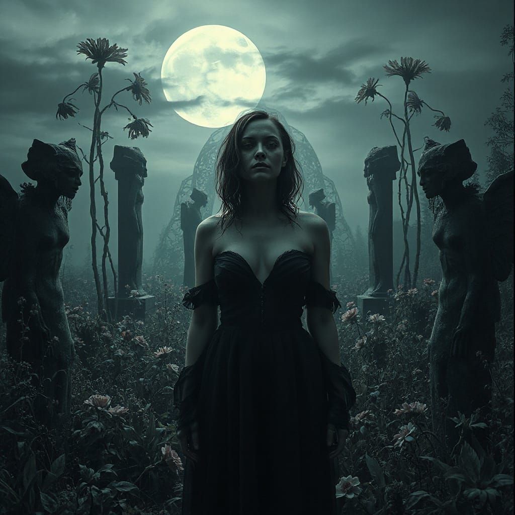 Melancholic Woman in Dark Surreal Landscape