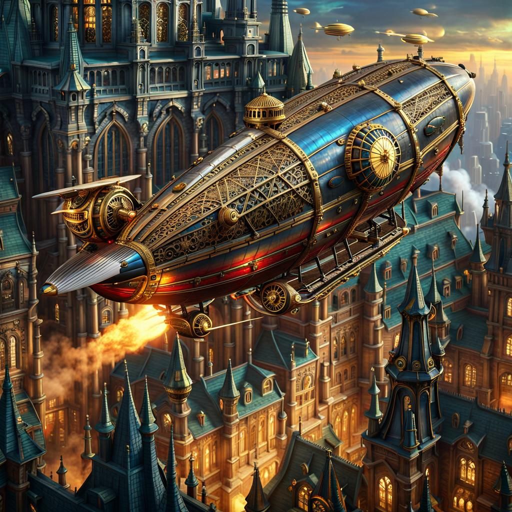 Steampunk Zeppelin Over Cyberpunk Gothic City