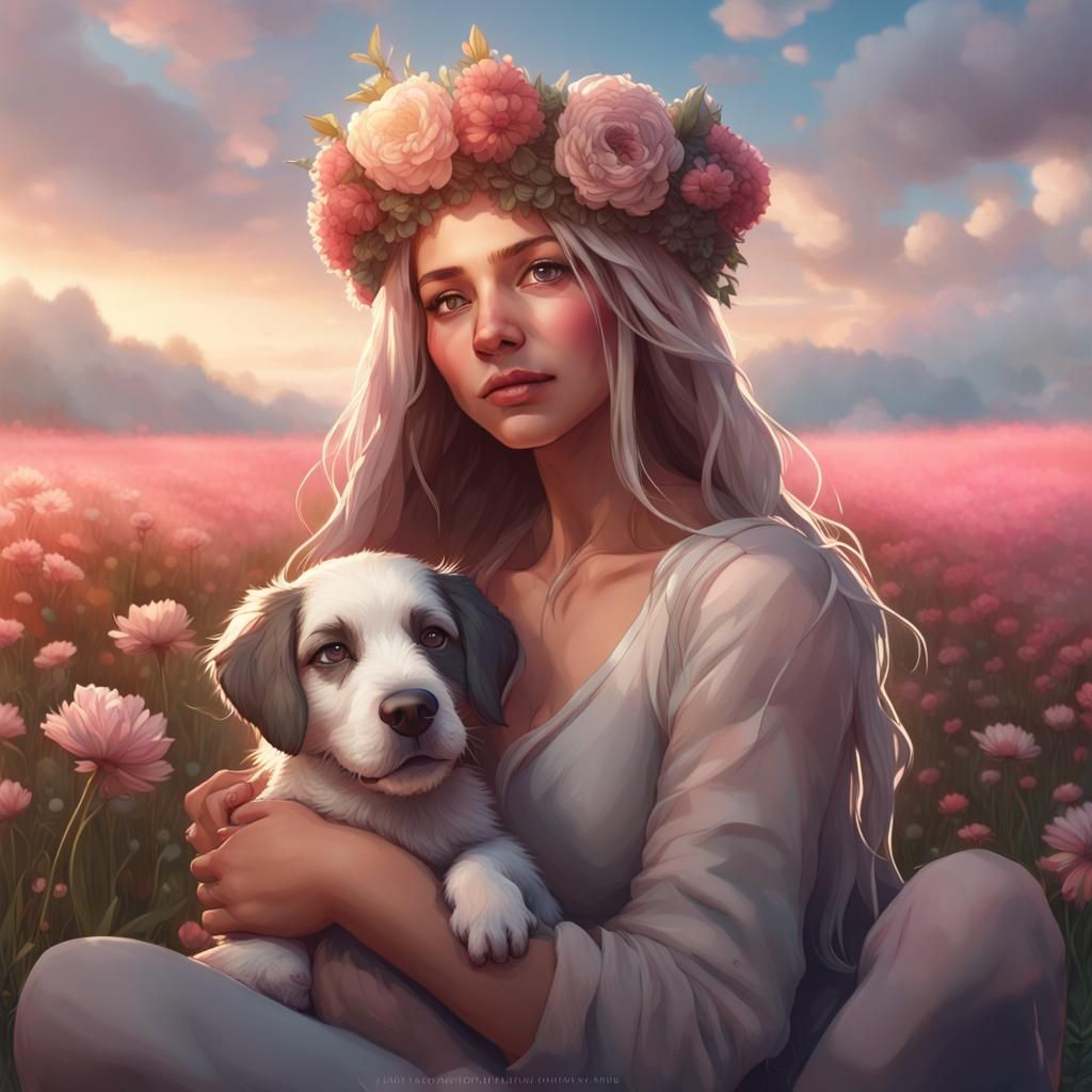 Woman with Puppy in Flower Field, Detailed Portrait
