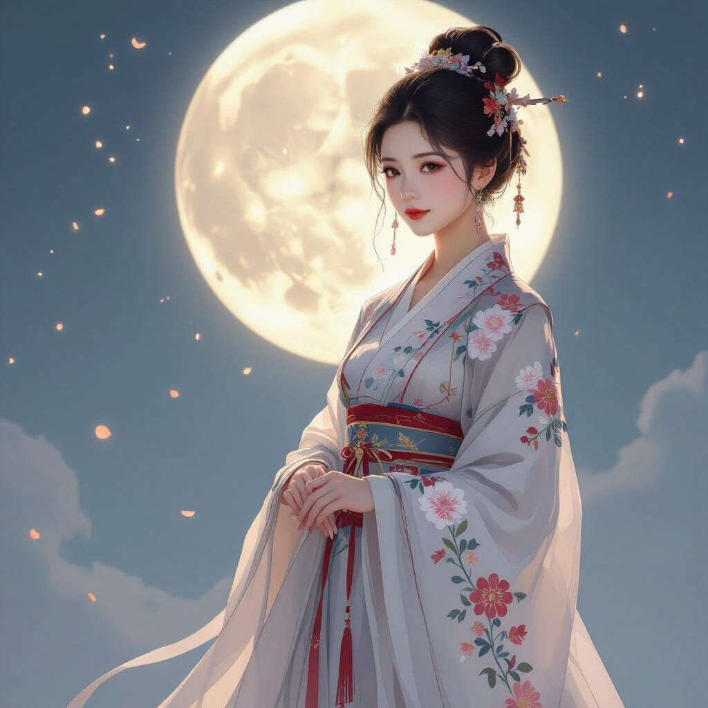Elegant Woman in Hanfu Under Moonlight