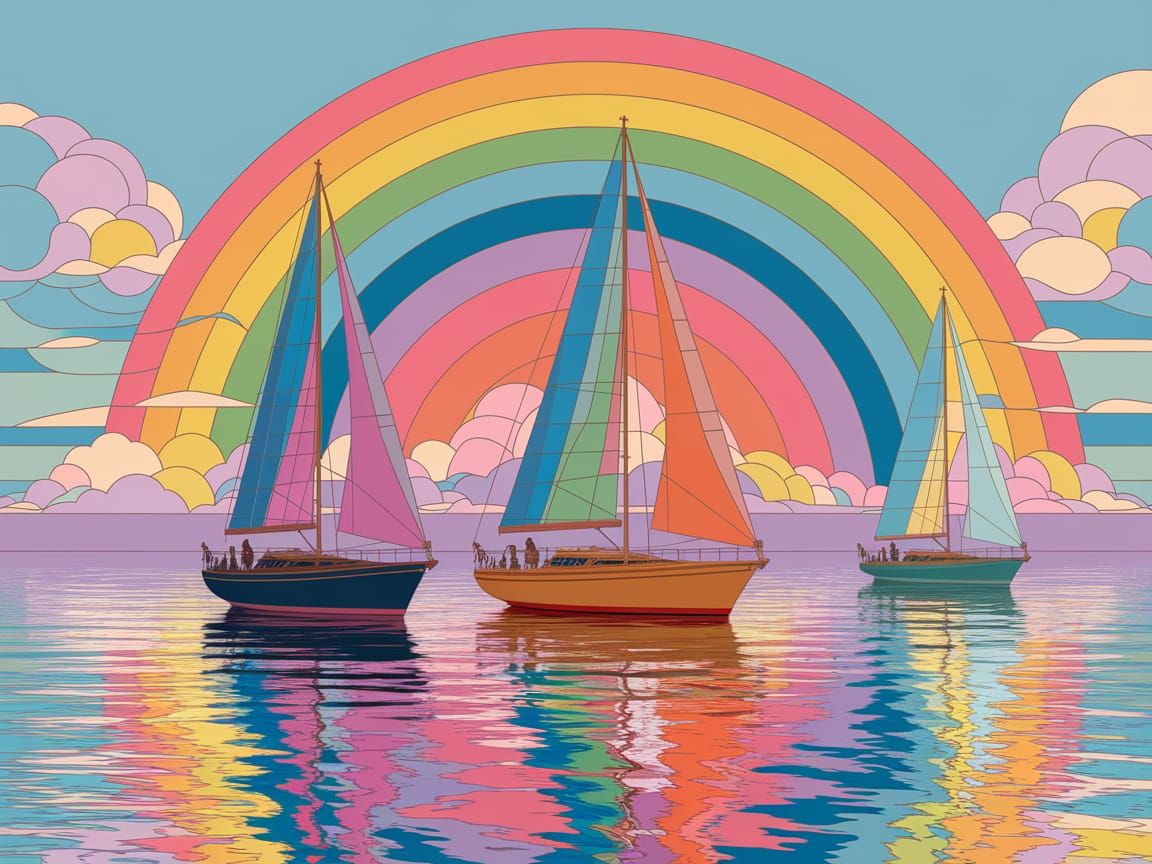 Sailboats on Calm Waters in Stained-Glass Style